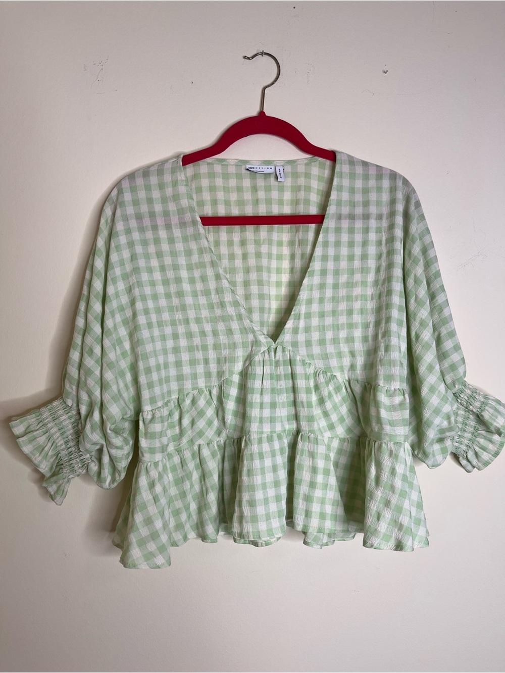Light Green Gingham V-Neck Ruffle Peplum Top